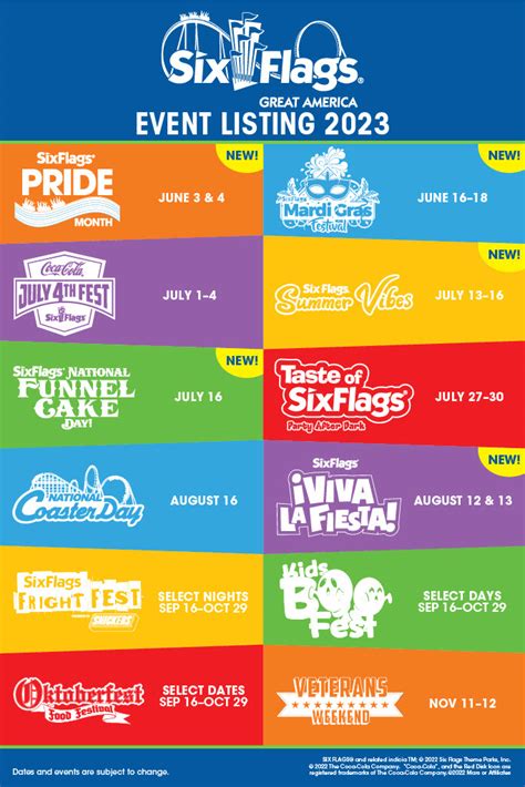 Six flags great america schedule - Mar 20, 2023 · Special events slated for the 2023 season includes the Coca-Cola July 4 Fest and the Taste of Six Flags: Part After Dark in July, Viva La Fiesta in August, Fright Fest, Kids Boo Fest and... 